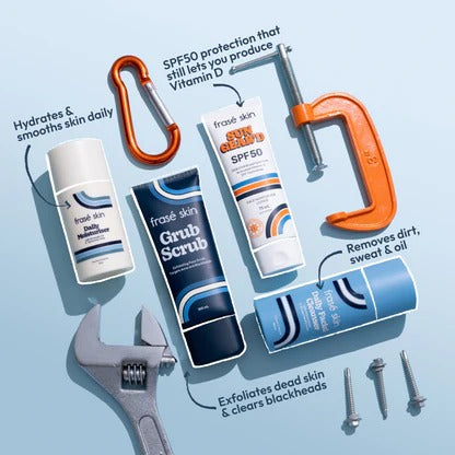 Flat lay showcasing the Frase Skin men's skincare essentials: Daily Moisturiser, Grub Scrub exfoliating face wash, Daily Facial Cleanser, and Sun Gear'd SPF 50 sunscreen, displayed alongside rugged tools like a wrench and C-clamp. The image highlights product benefits for hydration, blackhead clearing, dirt removal, and reliable UV protection.